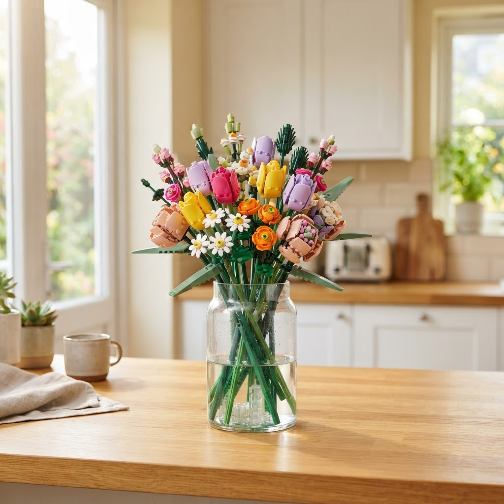 Classic brick flower bouquet in a clear vase on a bright table