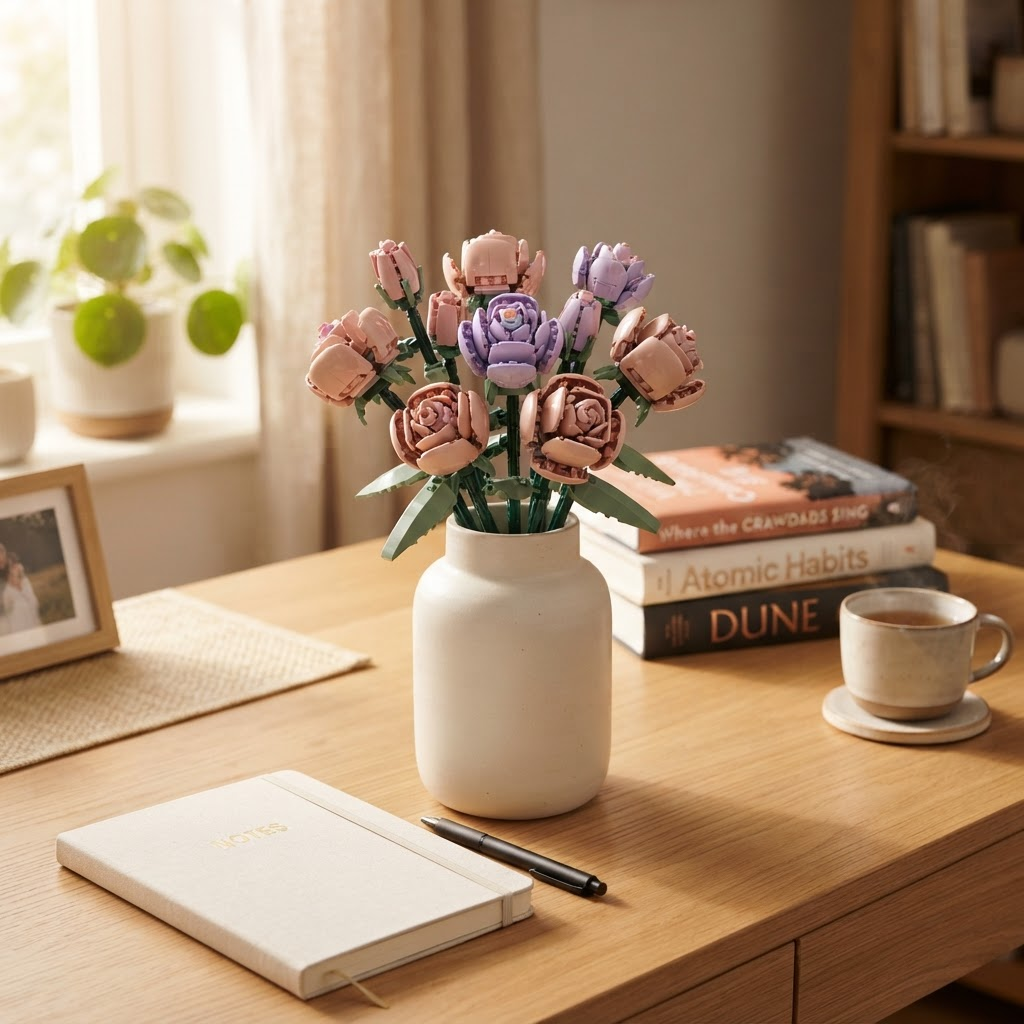 Dusty rose brick flowers styled by a sunny window