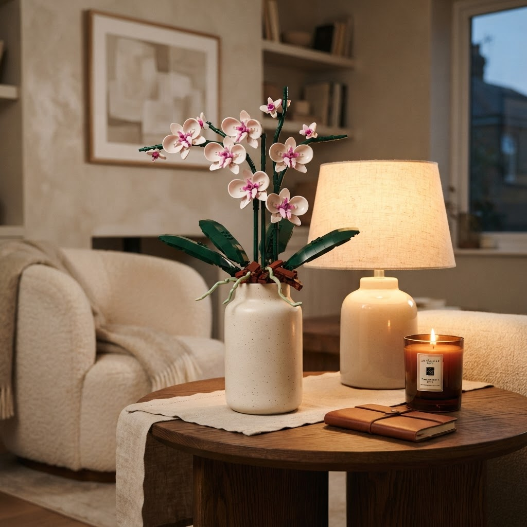 Orchid brick flower set styled on a quiet shelf