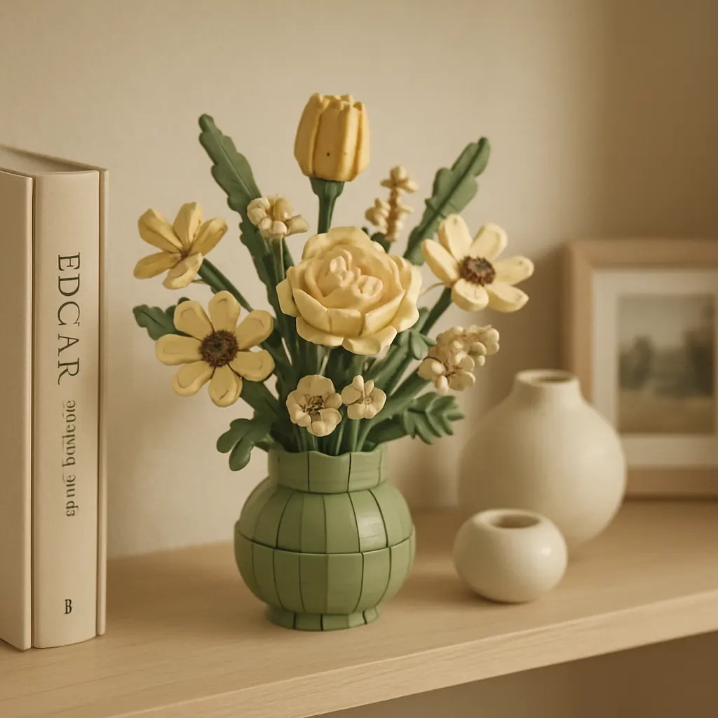 Brick flower bouquet styled on a warm bookshelf
