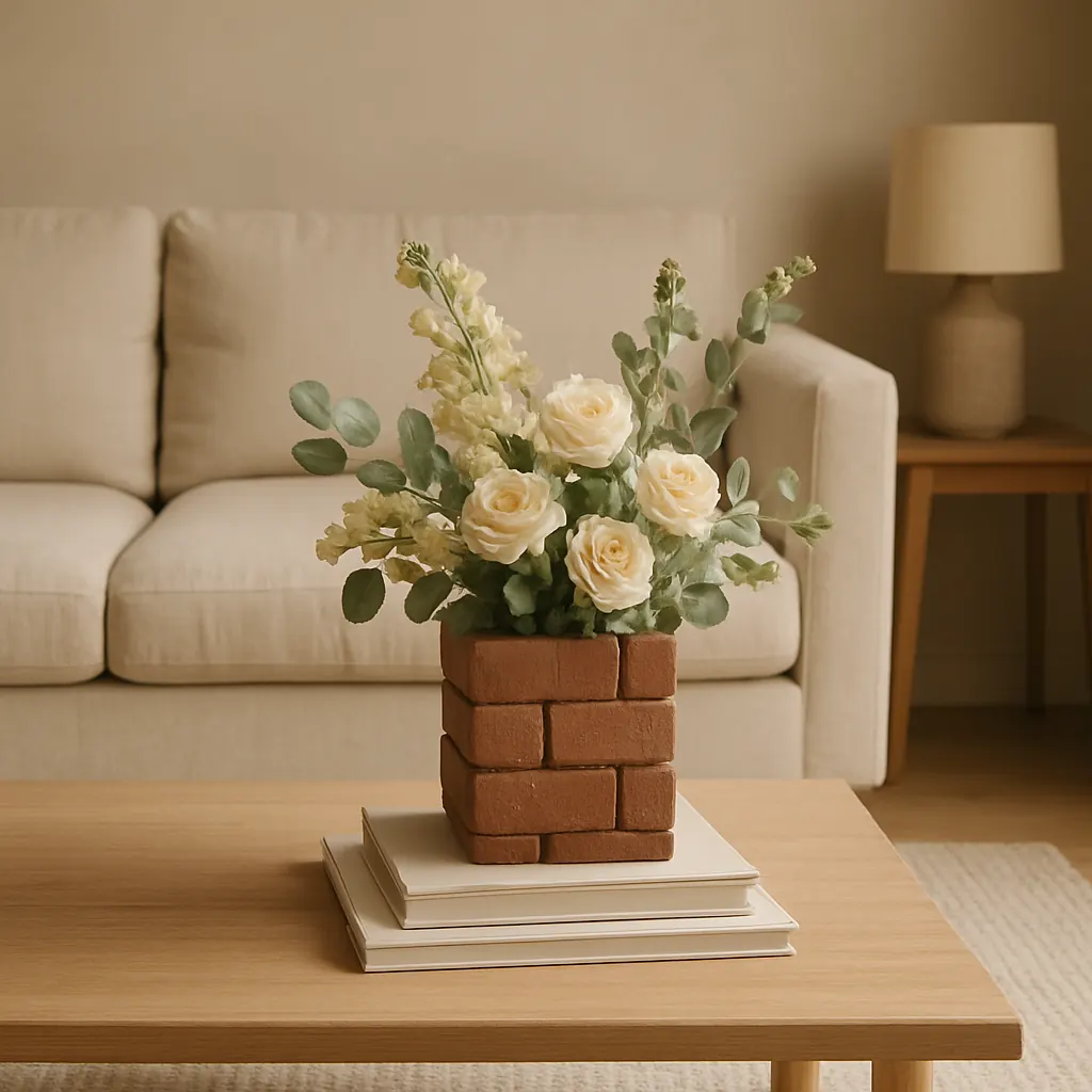 Brick flower set displayed in a warm living room
